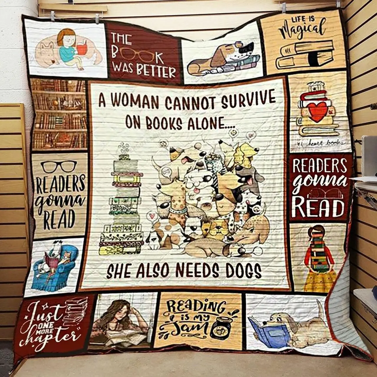 A Woman Cannot Survive On Books Alone She Also Needs Dogs Quilt Blanket Great Customized Blanket Gifts For Birthday Christmas Thanksgiving and Home Decor