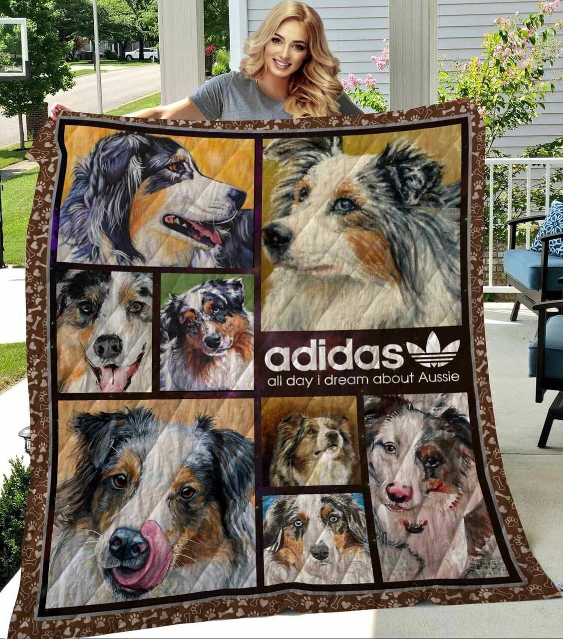 Adidas Australian Shepherd All Day I Dream About Aussie Quilt Blanket Great Customized Blanket Gifts For Birthday Christmas Thanksgiving and Home Decor