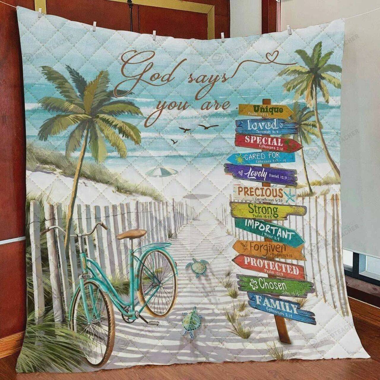 Beach Turtle God Says You Are Strong Important Special Loved Family Quilt Blanket Great Customized Blanket Gifts For Birthday Christmas Thanksgiving and Home Decor