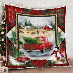Beautiful Road Red Truck Christmas Quilt Blanket and Home Decor