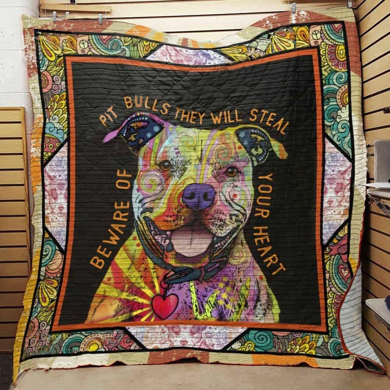 Beware Of Pitbull They Will Steal Your Heart Quilt Blanket Great Customized Blanket Gifts For Birthday Christmas Thanksgiving and Home Decor