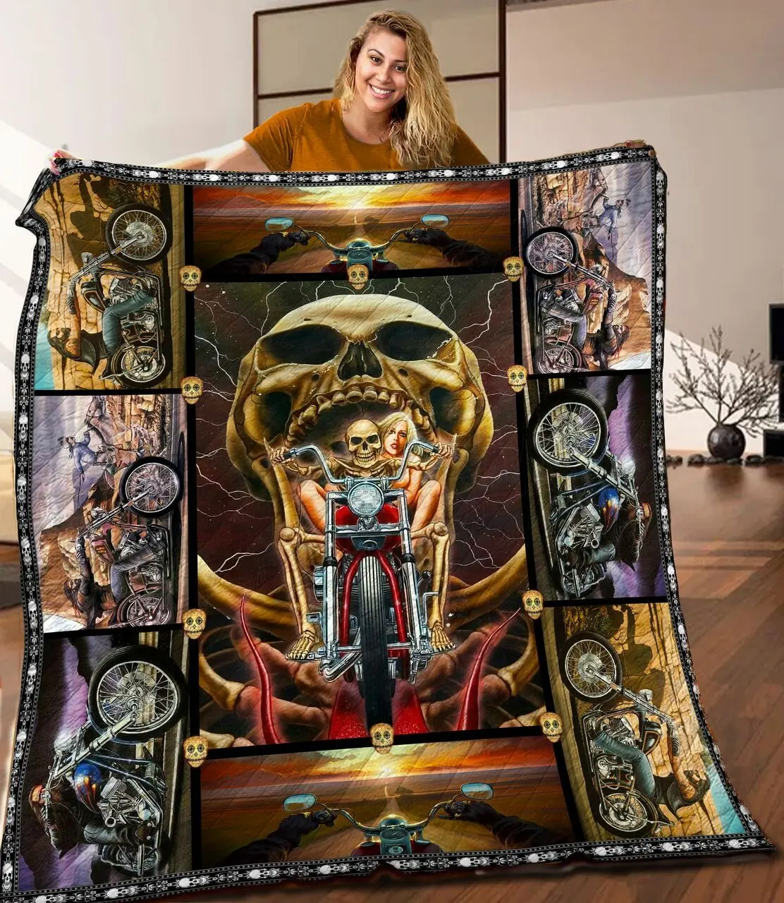 Biker Skull Quilt Blanket C9B270308MI and Home Decor