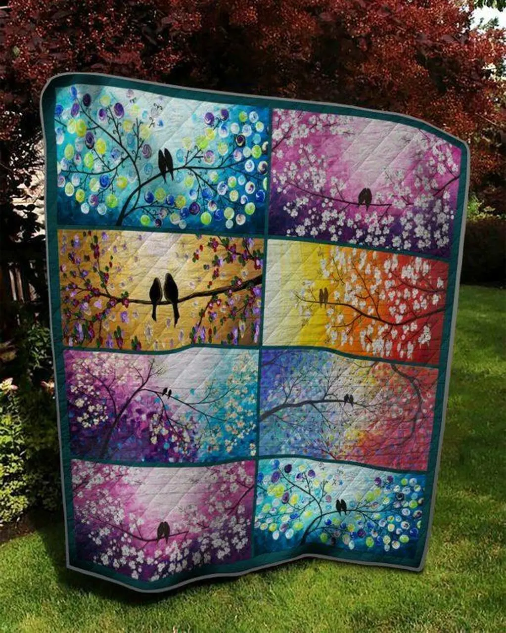 Bird Couple On The Tree Quilt Blanket Quilt and Home Decor