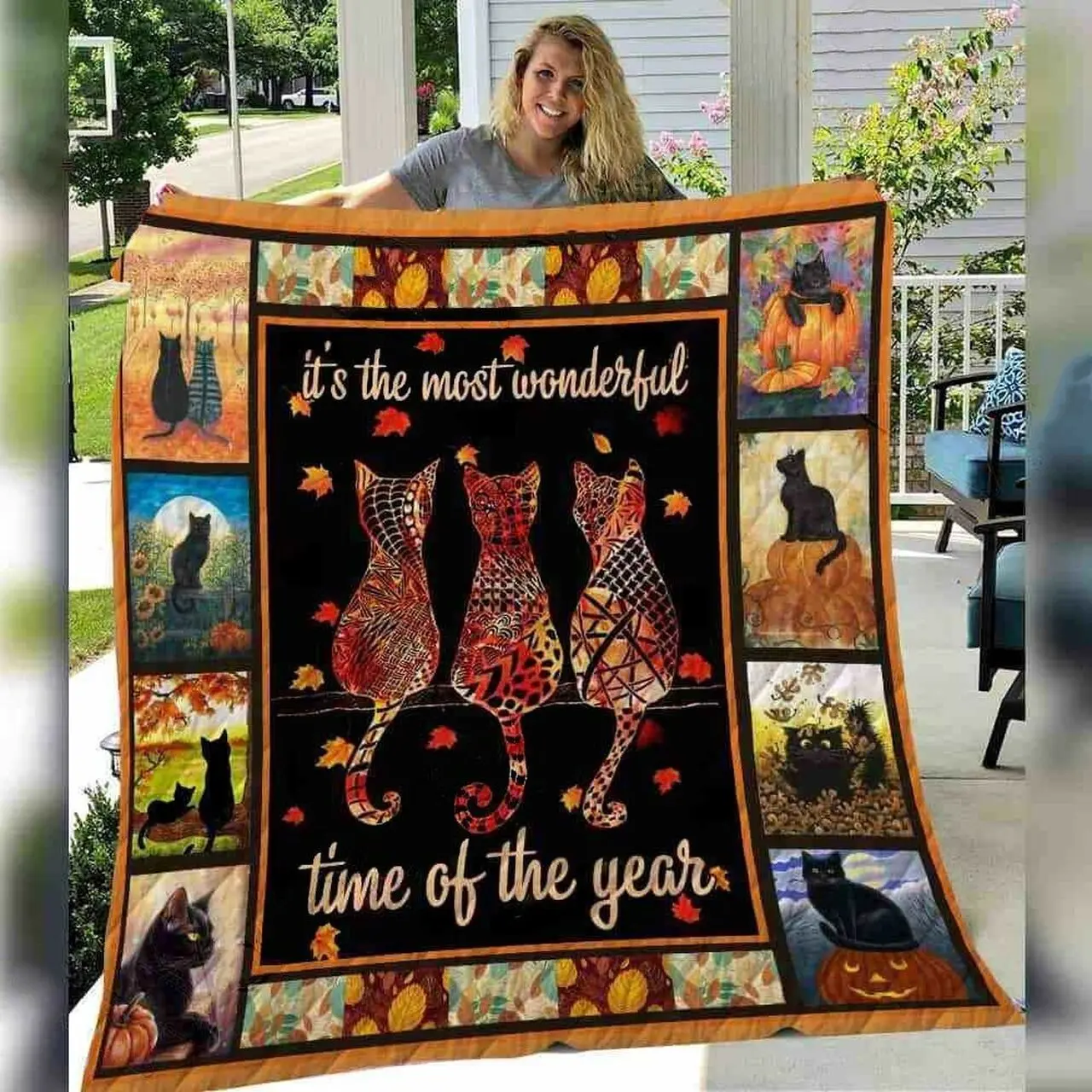 Black Cat Fall Quilt Blanket ABC07112728 and Home Decor