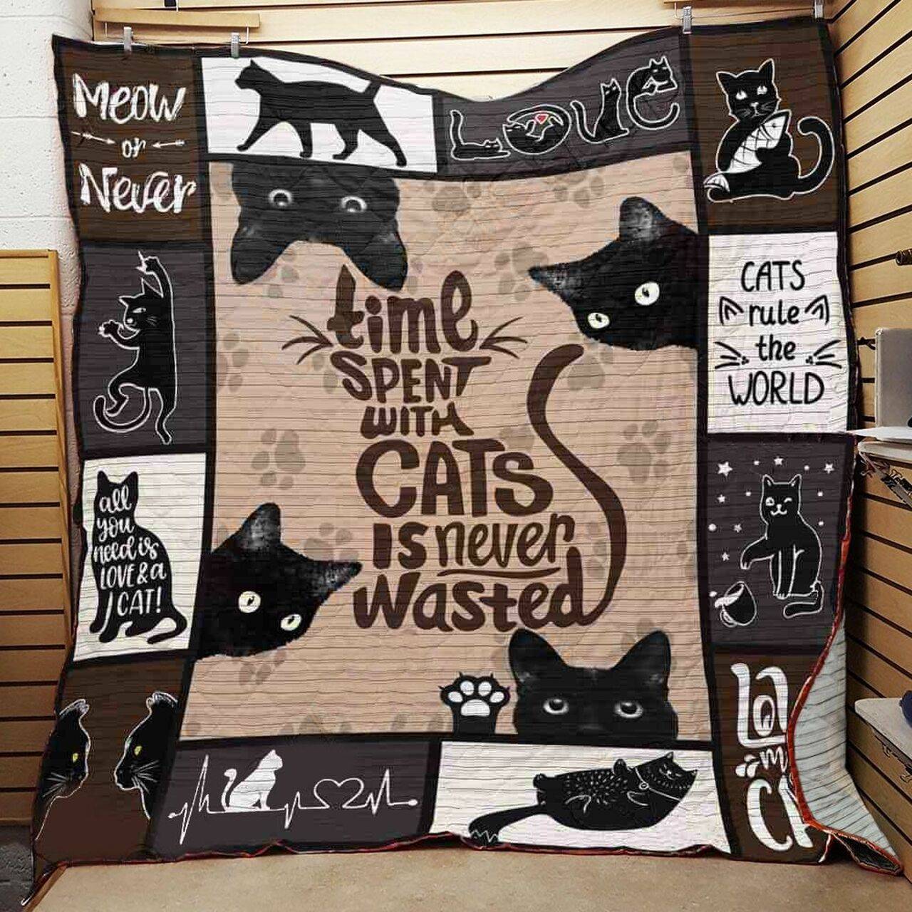 Black Cat Time Spent With Cats Is Never Wasted Quilt Blanket Great Customized Gifts For Birthday Christmas Thanksgiving and Home Decor