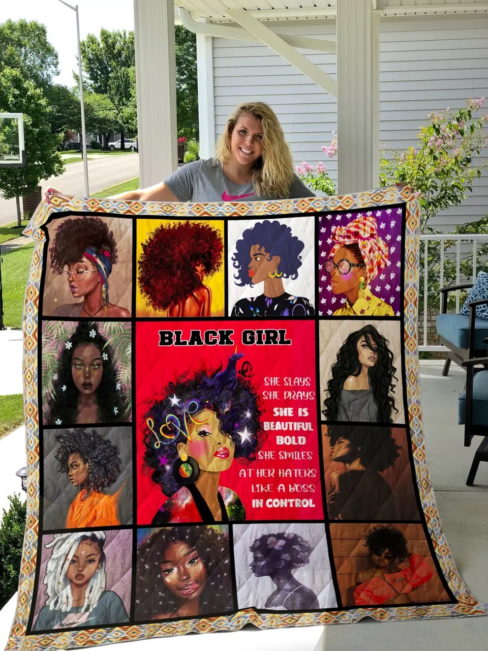 Black Girl She Slays She Prays Shes Beautiful Bold She Smiles At Her Haters Like A Boss In Control Quilt Blanket Great Customized Blanket Gifts For Birthday Christmas Thanksgiving and Home Decor