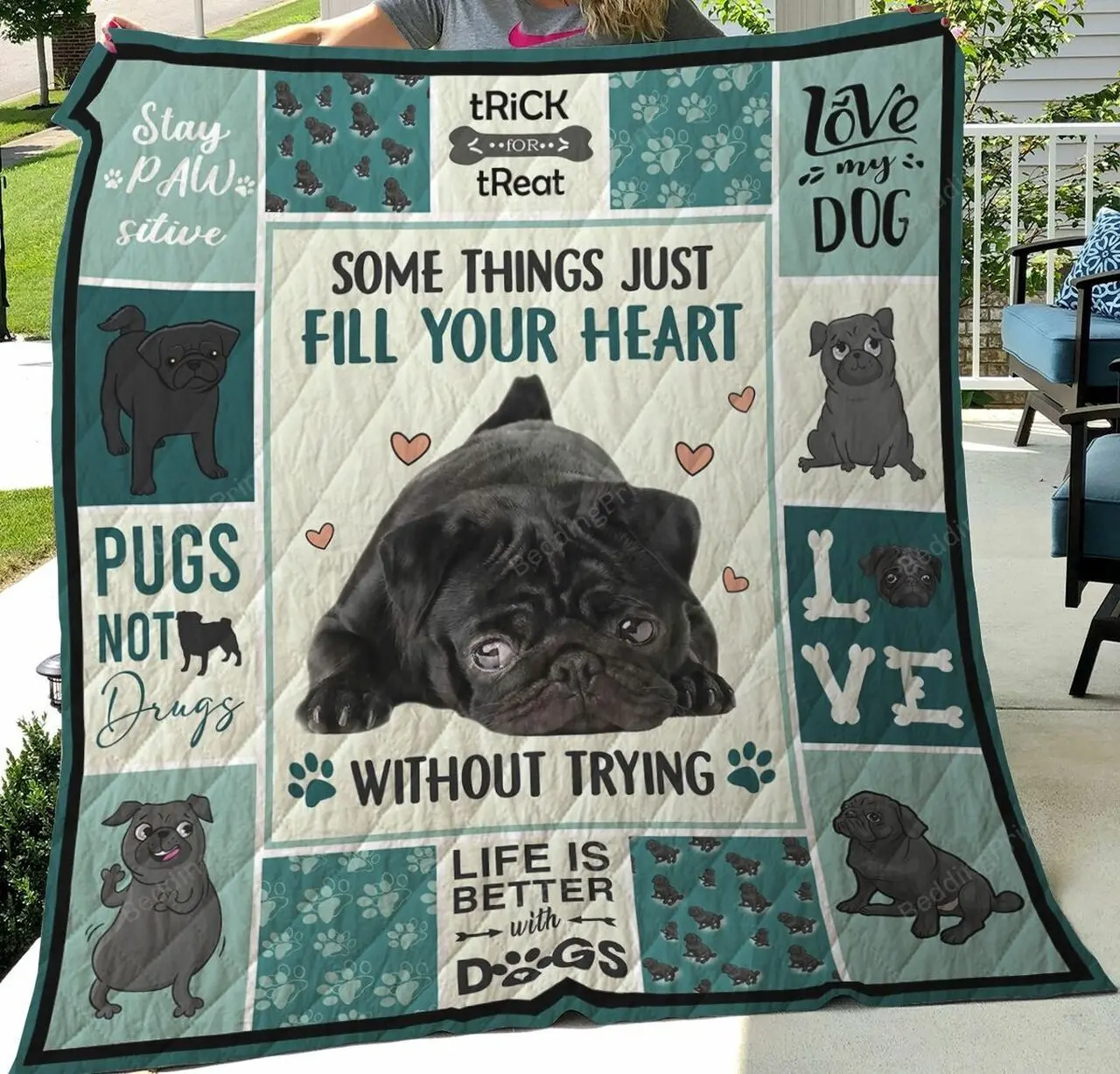 Black Pug Some Things Just Fill Your Heart Without Trying Quilt Blanket Great Customized Blanket Gifts For Birthday Christmas Thanksgiving and Home Decor