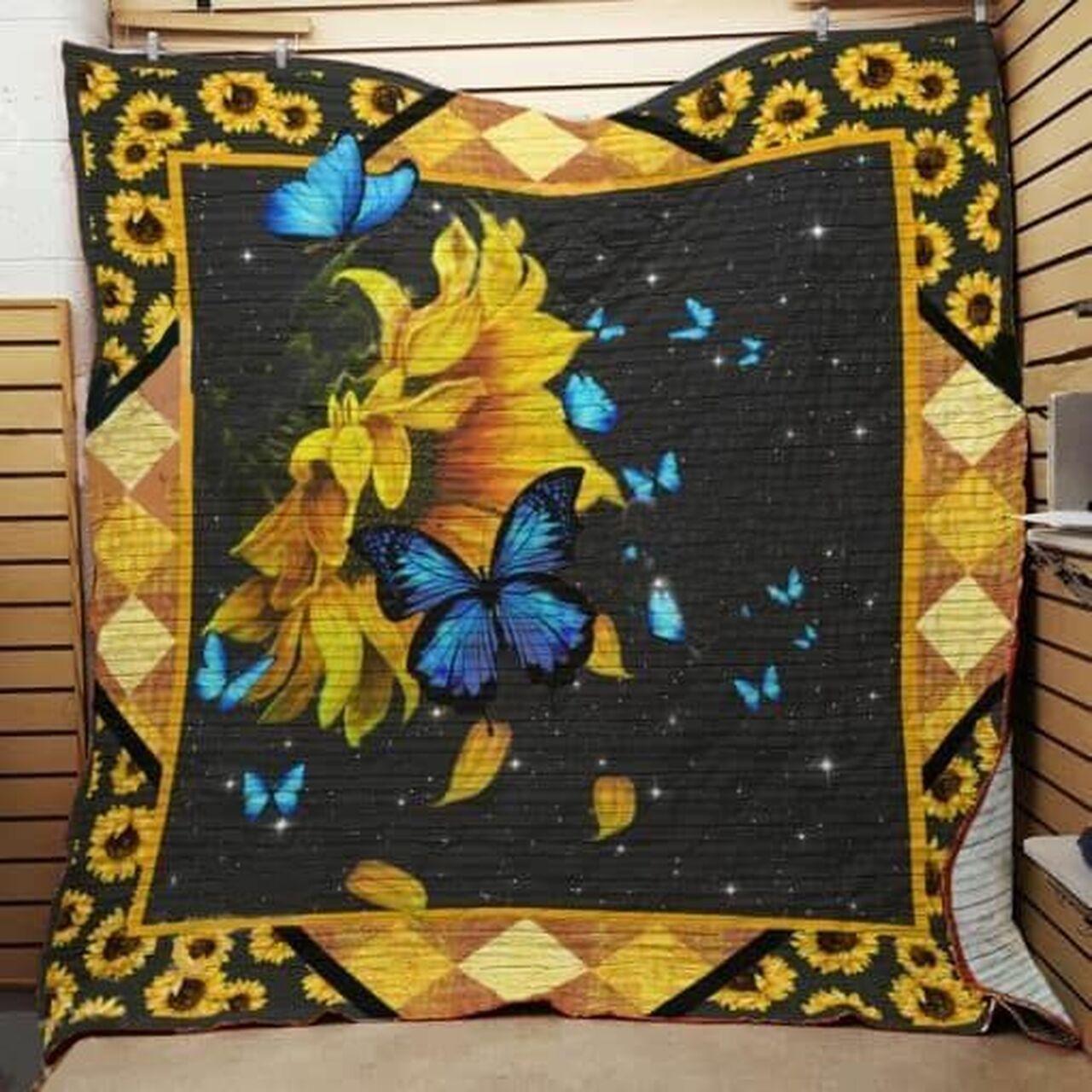 Blue Butterfly Sunflower Quilt Blanket Great Customized Gifts For Birthday Christmas Thanksgiving Perfect Gifts For Sunflower Lover and Home Decor