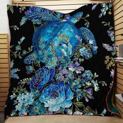 Blue Flowers Sea Turtle Quilt and Home Decor