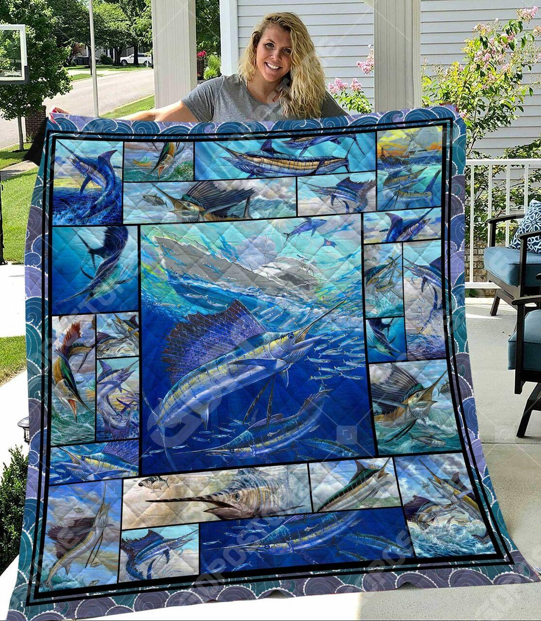 Blue Marlin Fishing Art Like 3D Personalized Customized Quilt Blanket 1166 and Home Decor