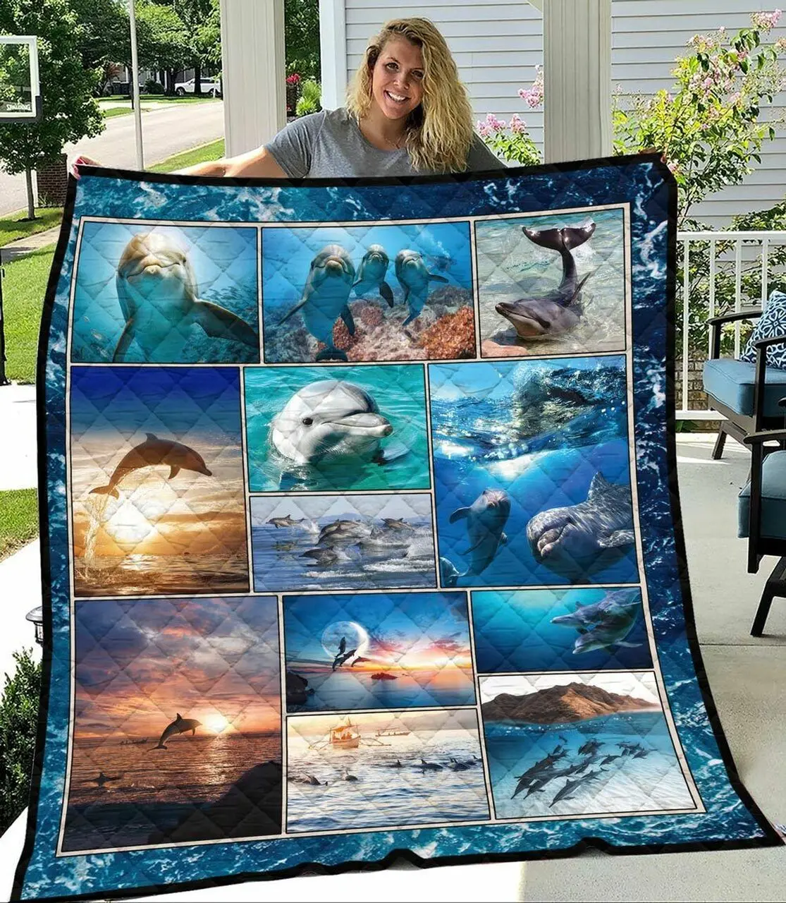 Blue Ocean Dolphin Quilt Blanket Great Customized Blanket Gifts For Birthday Christmas Thanksgiving and Home Decor