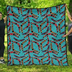 Boomerang Australian Aboriginal Ornament Blue Background DHCDHC DT1910 Quilt Blanket and Home Decor