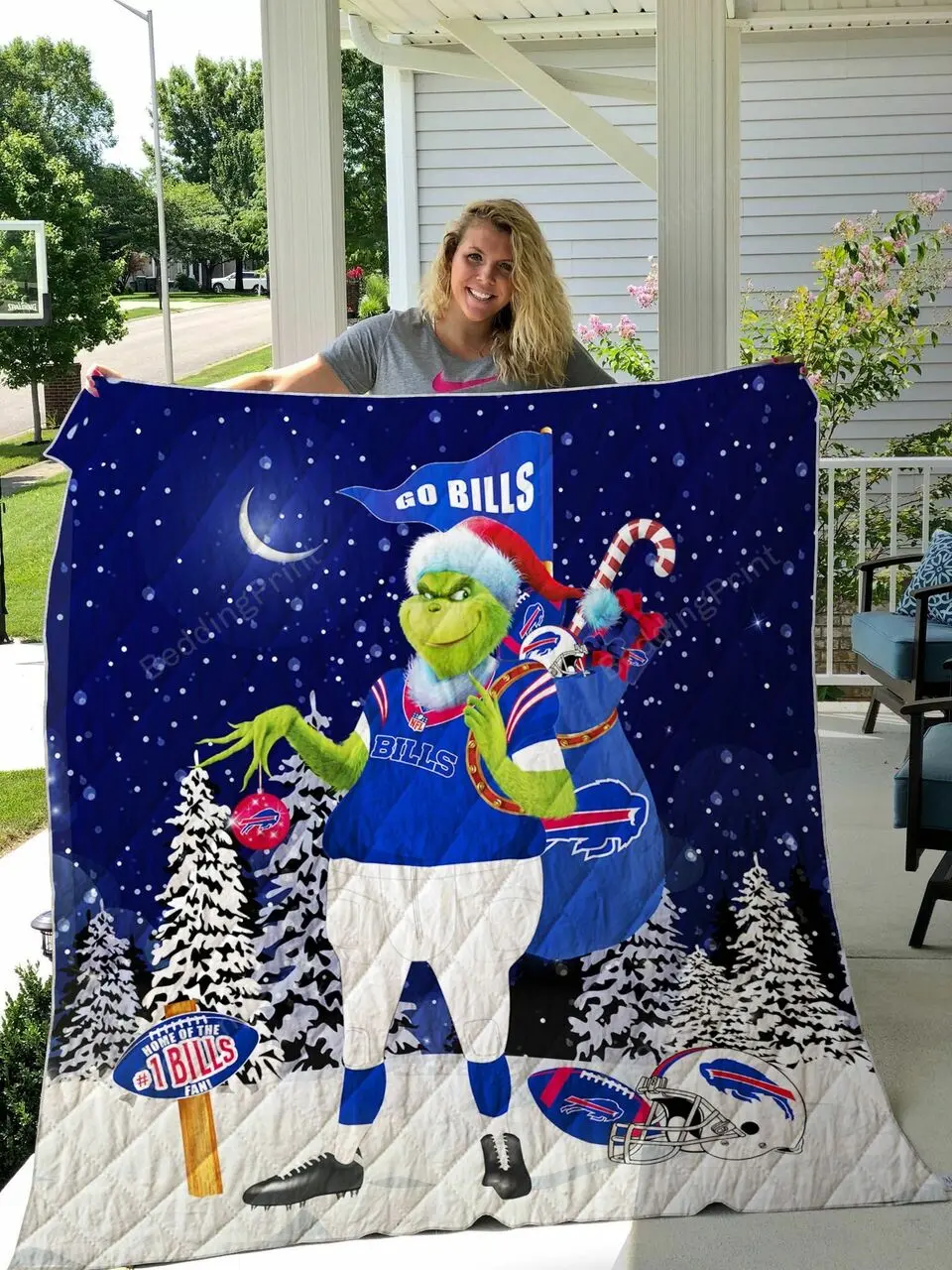 Buffalo Bills Grinch Santa Quilt Blanket and Home Decor