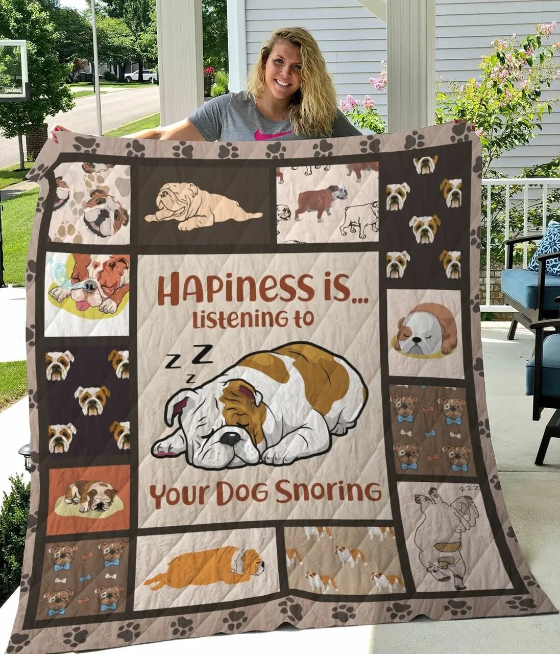 Bulldog Happiness Is Listening To Your Dog Snoring Quilt Blanket Great Customized Blanket Gifts For Birthday Christmas Thanksgiving and Home Decor