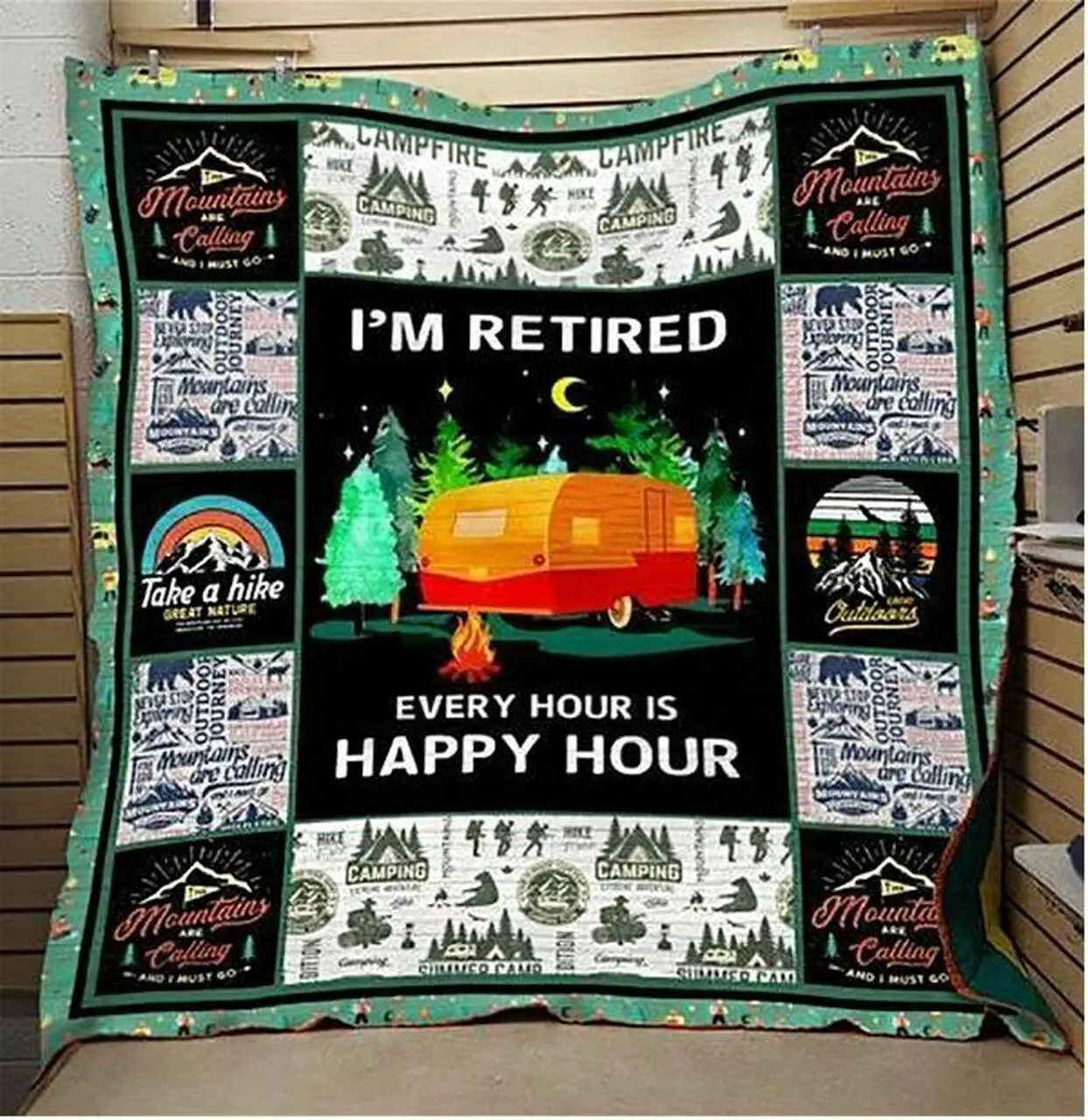 Camping I’M Retired Every Hour Is Happy Hour Quilt Blanket Great Customized Blanket Gifts For Birthday Christmas Thanksgiving and Home Decor