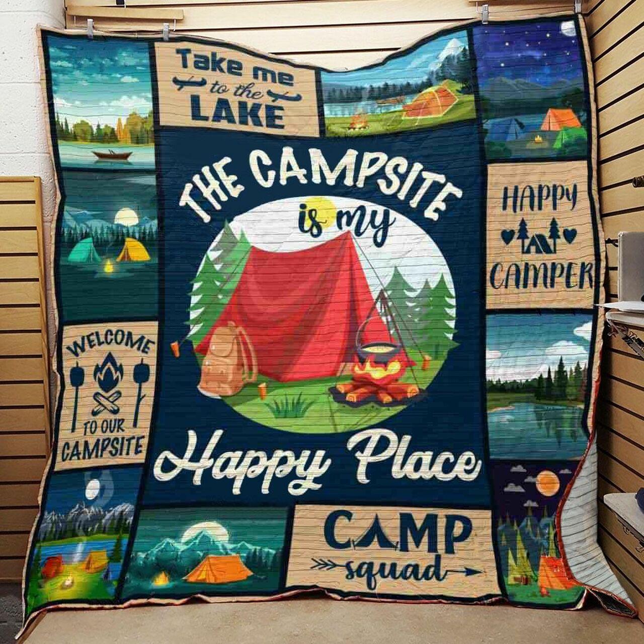 Camping Lake The Campsite Is My Happy Place Quilt Blanket Great Customized Blanket Gifts For Birthday Christmas Thanksgiving and Home Decor