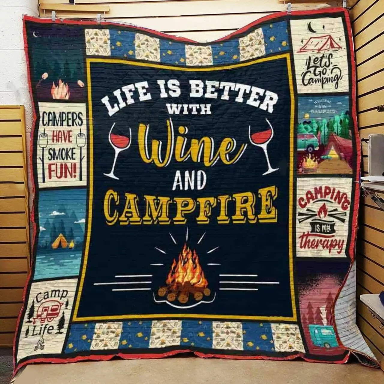 Camping Life Is Better With Wine And Campfire Quilt Blanket Great Customized Blanket Gifts For Birthday Christmas Thanksgiving and Home Decor
