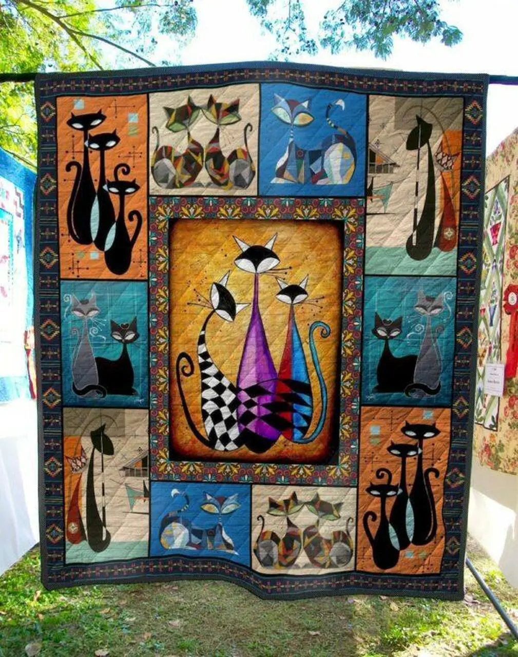 Cat Vase Chessboard Pattern Quilt Blanket Quilt and Home Decor