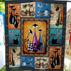 Cat Vase Chessboard Pattern Quilt Blanket  Quilt and Home Decor