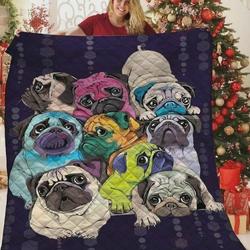 Colored Pug Family Quilt Blanket Great Customized Blanket Gifts For Birthday Christmas Thanksgiving and Home Decor