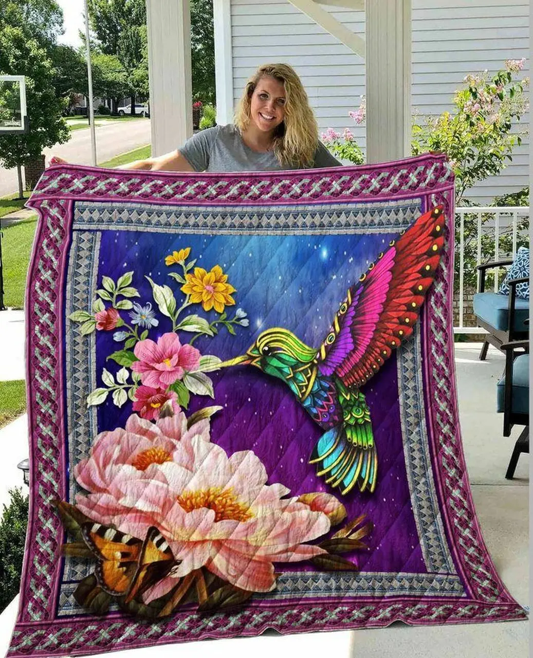 Colorful Humming Bird And Flowers Quilt Hne and Home Decor