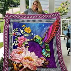 Colorful Humming Bird And Flowers Quilt Hne and Home Decor