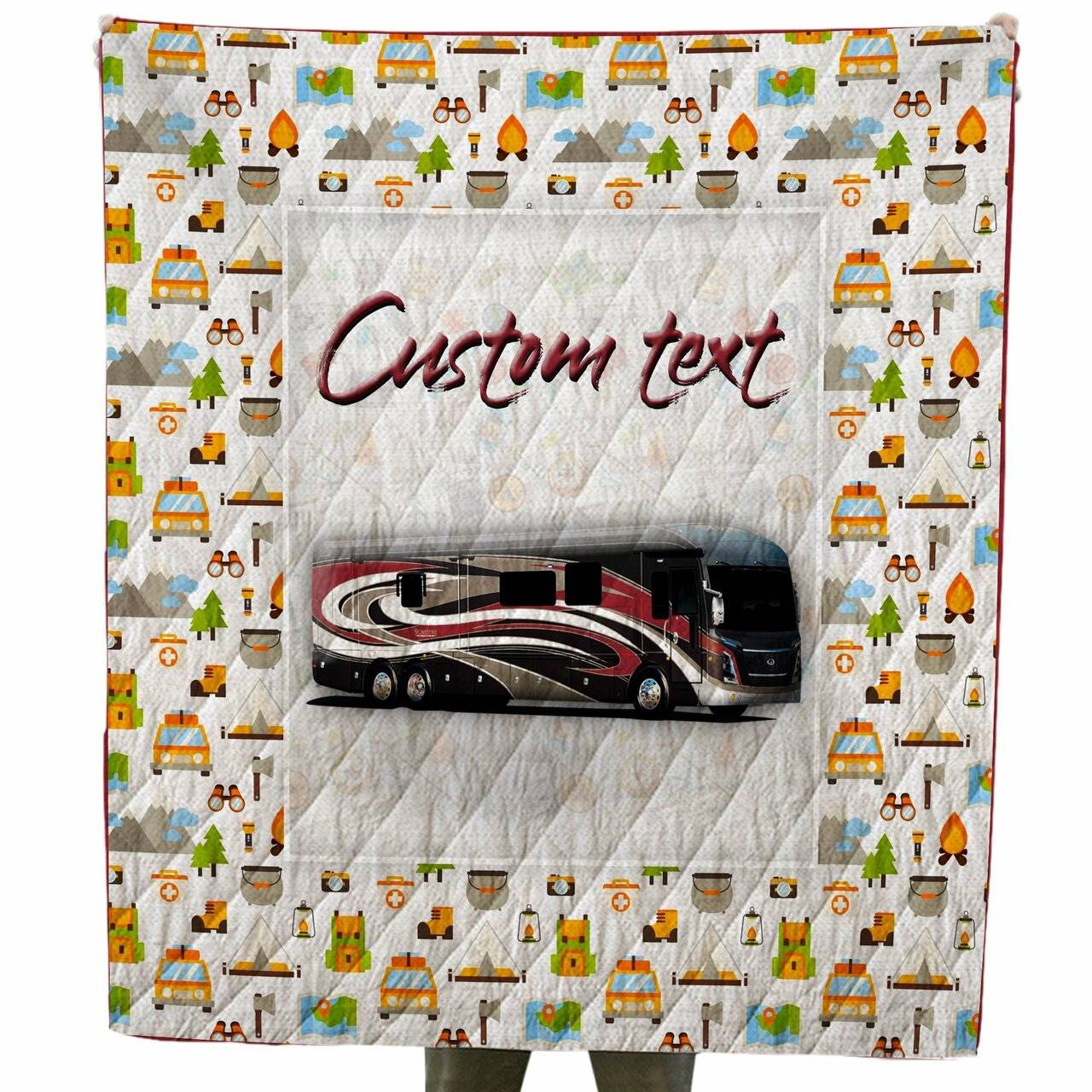 Custom Text Camping Themed Class A Motor Coach Quilt For Campers and Home Decor