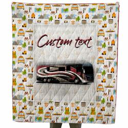 Custom Text Camping Themed Class A Motor Coach Quilt For Campers and Home Decor