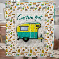 Custom Text Camping Themed Lightweight Trailer Quilt For Campers and Home Decor