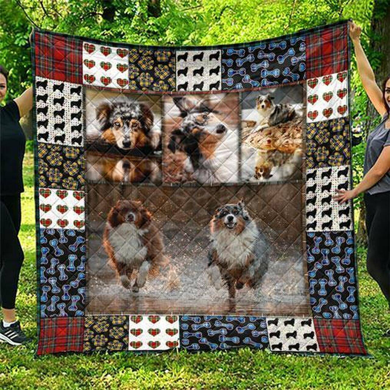 Cute Australian Shepherd Pets Dog Run On The Water Quilt Blanket Great Customized Blanket Gifts For Birthday Christmas Thanksgiving and Home Decor