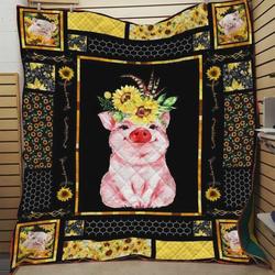 Cute Pink Pig With Sunflower On The Head Quilt Blanket Great Customized Blanket Gifts For Birthday Christmas Thanksgiving and Home Decor