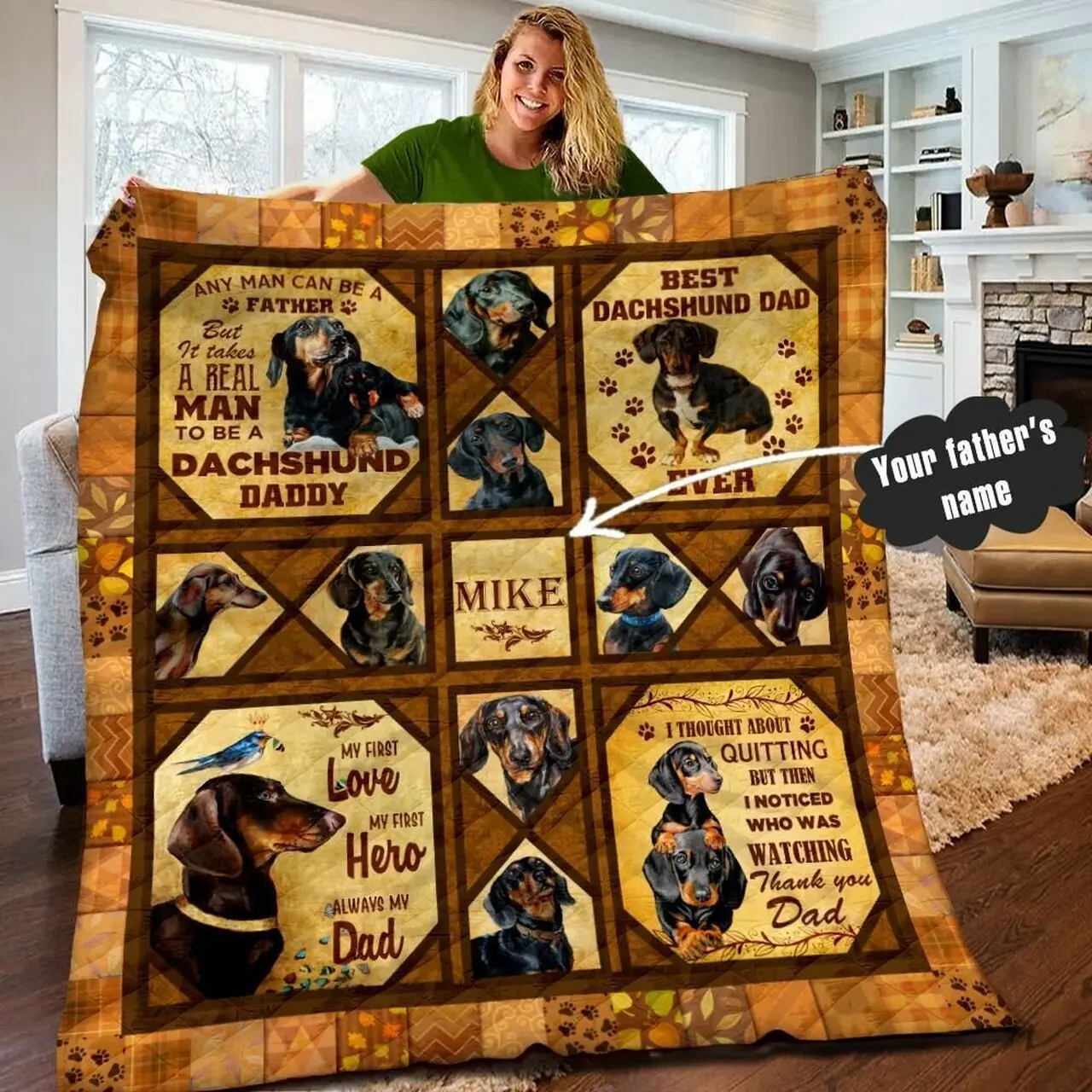 Dachshund Fathers Day Wp Personalized Name Quilt fp and Home Decor