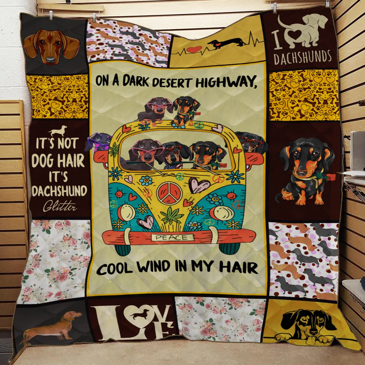 Dachshund Hippie Jfj Quilt Soo and Home Decor