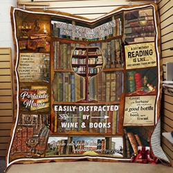 Easily Distracted By Wine And Books Quilt Blanket Great Customized Blanket Gifts For Birthday Christmas Thanksgiving and Home Decor