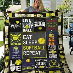 Eat Sleep Softball Repeat Quilt Blanket Great Customized Blanket Gifts For Birthday Christmas Thanksgiving and Home Decor