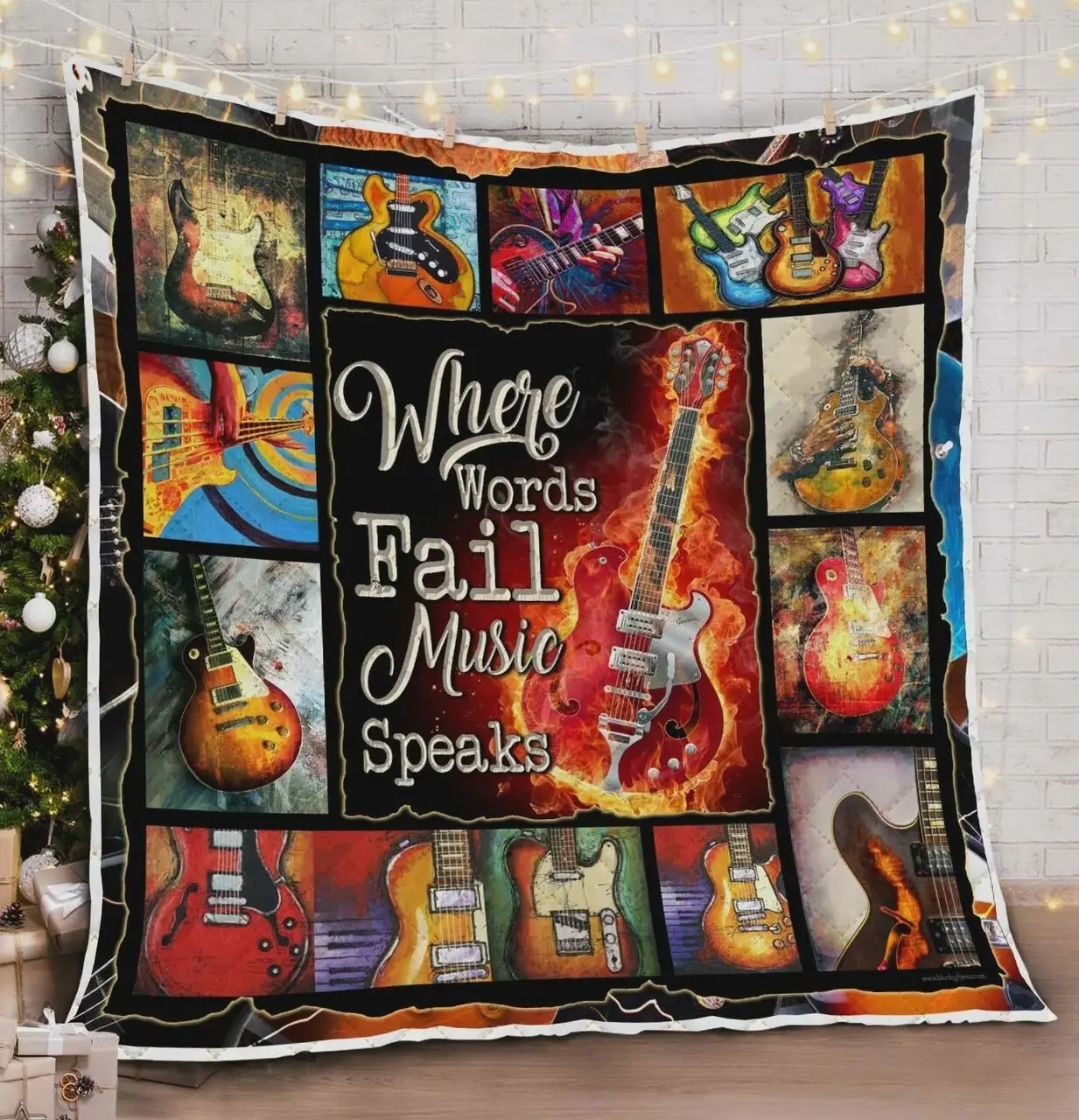 Electric Guitar Where Words Fail Music Speaks Quilt Blanket Great Customized Blanket Gifts For Birthday Christmas Thanksgiving and Home Decor