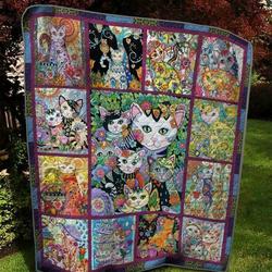 Family Cat Flower Pattern Quilt Blanket  Quilt and Home Decor