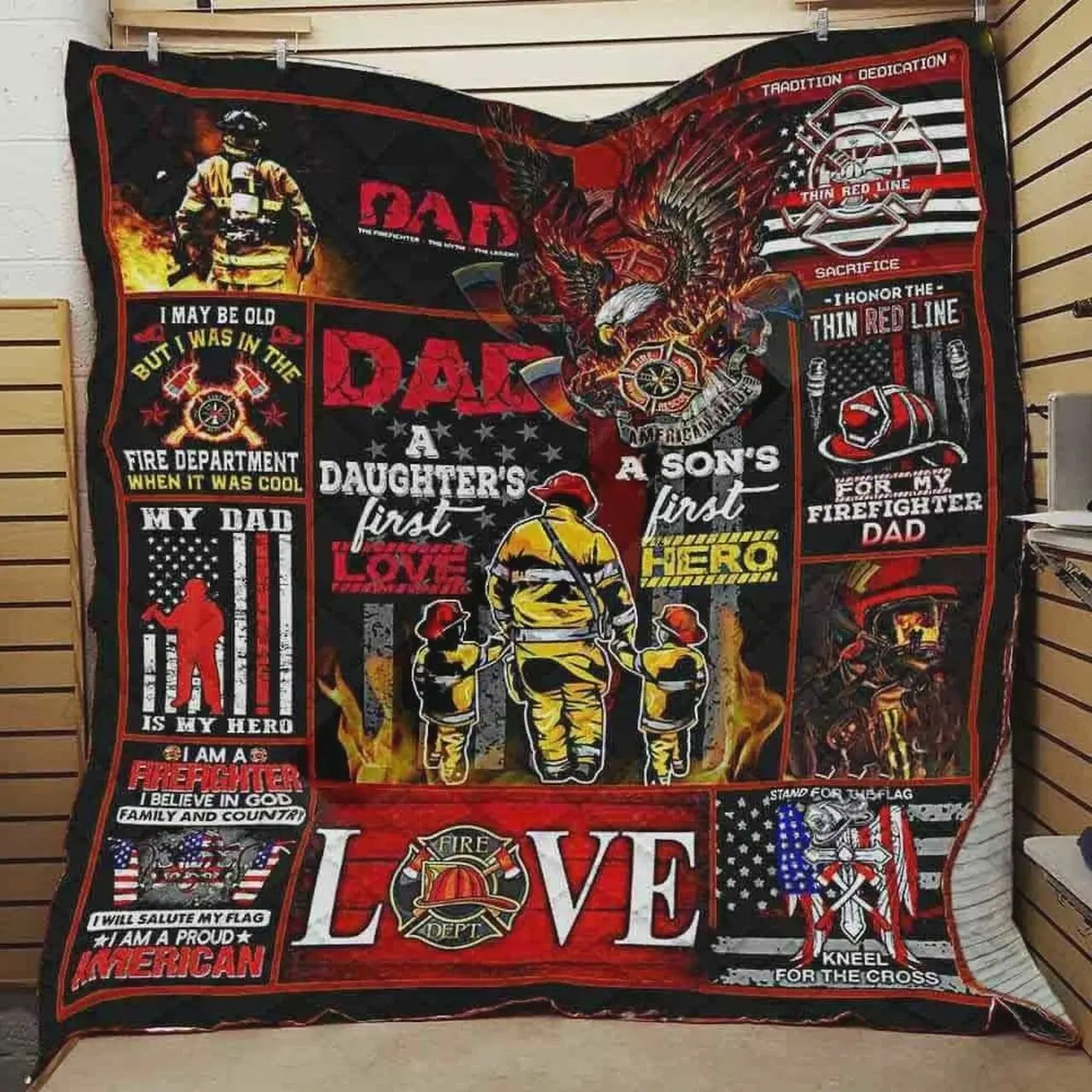 Firefighter Dad In My Heart Quilt Blanket Great Customized Blanket Gifts For Birthday Christmas Thanksgiving and Home Decor
