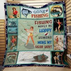 Fishing Makes Me Happy Quilt Blanket Great Customized Gifts For Birthday Christmas Thanksgiving Perfect Gifts For Fishing Lover and Home Decor