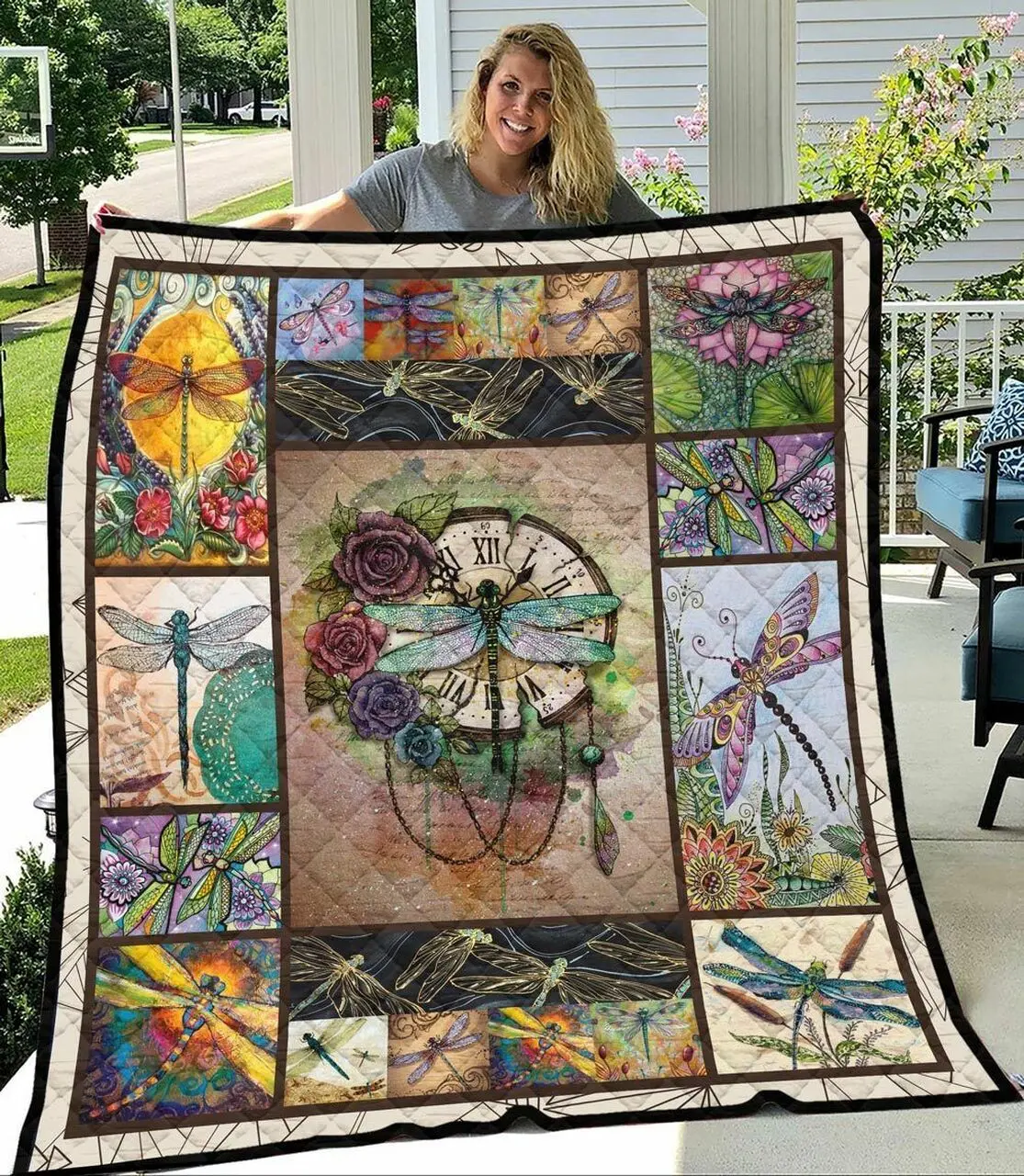 Floral Dragonfly On Roman Watch Quilt Blanket Great Customized Blanket Gifts For Birthday Christmas Thanksgiving and Home Decor