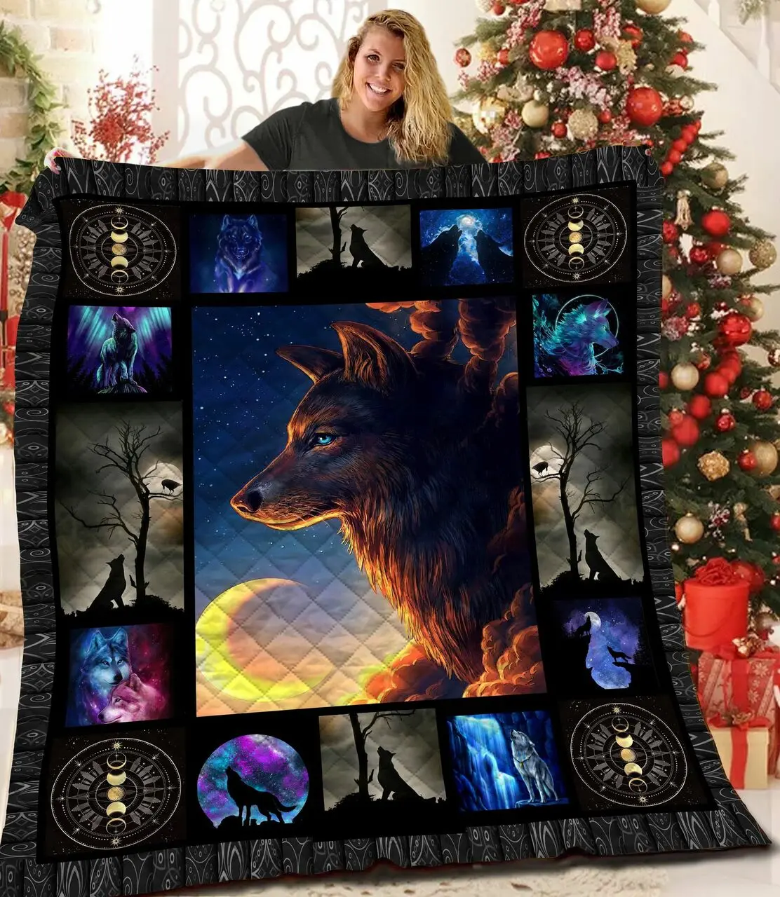 Galaxy Wolf Quilt Blanket Great Customized Gifts For Birthday Christmas Thanksgiving and Home Decor