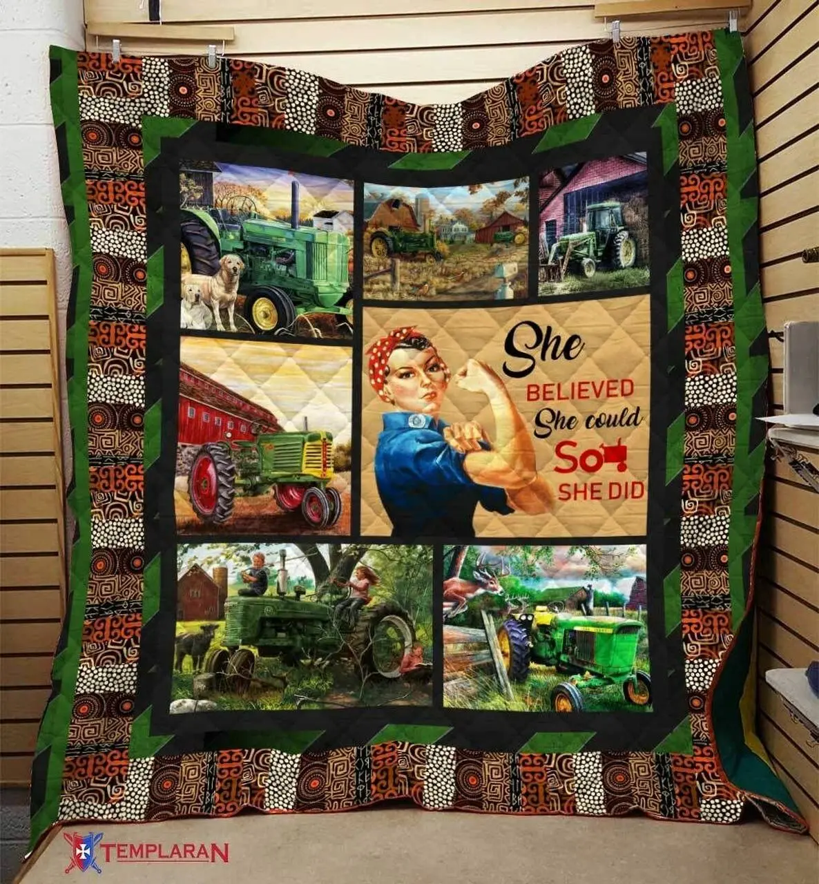 Girl Farmer And Green Tractor Quilt Jar and Home Decor