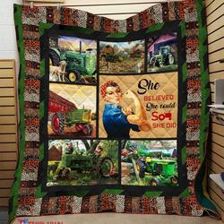 Girl Farmer And Green Tractor Quilt Jar and Home Decor