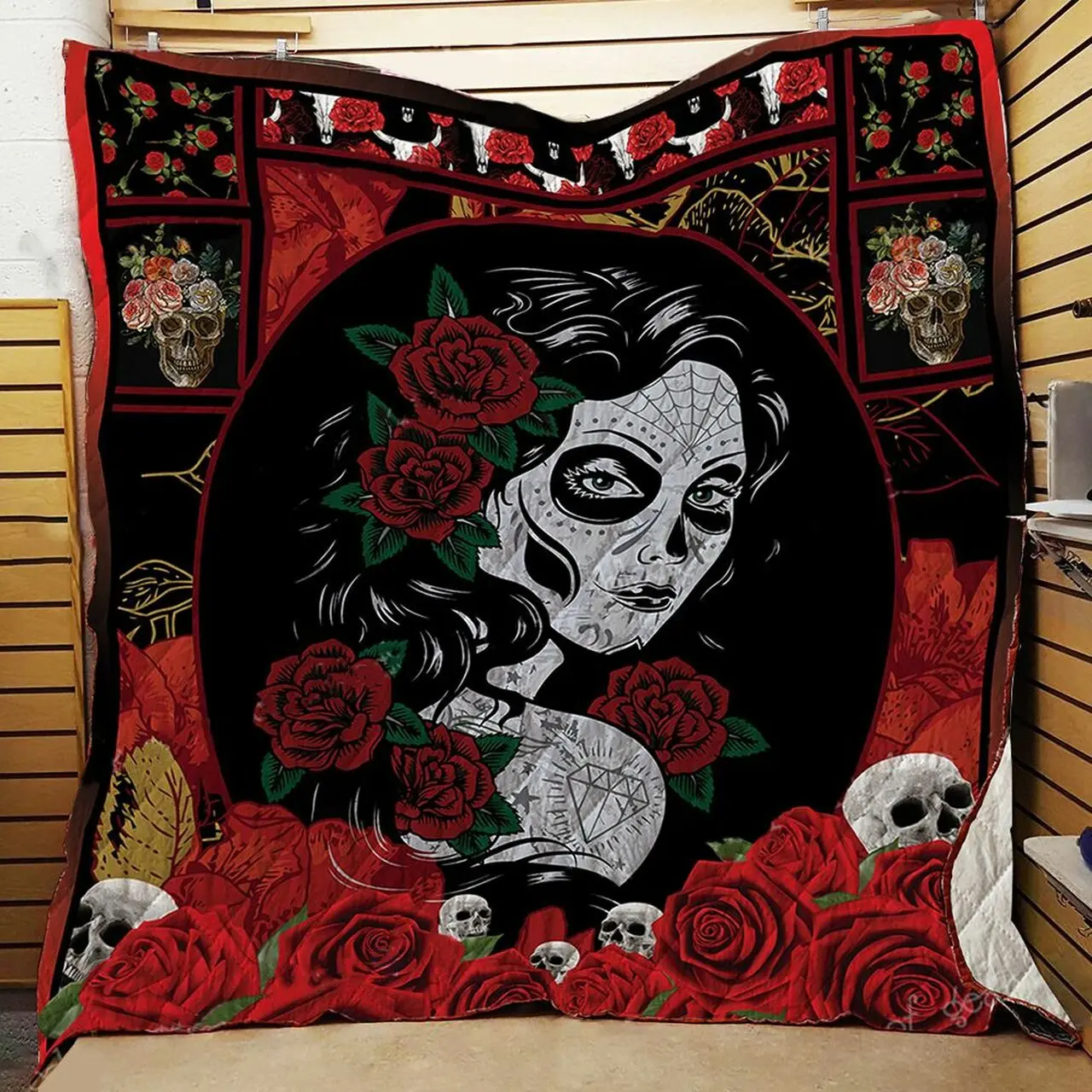 Girl Skull Red Rose Quilt Hlg and Home Decor