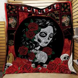 Girl Skull Red Rose Quilt Hlg and Home Decor