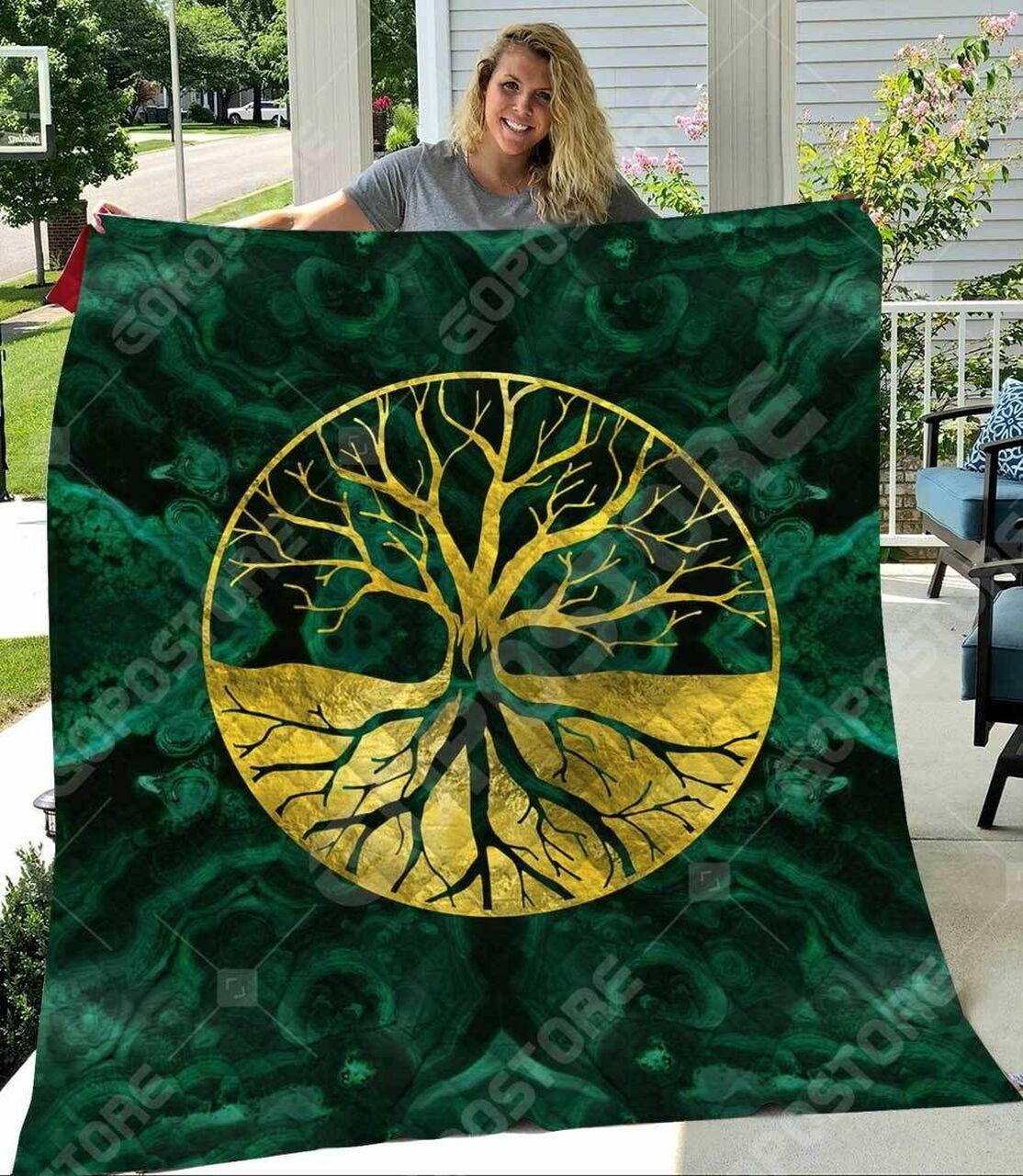 Golden Tree Of Life Yggdrasil On Malachite Like 3D Personalized Customized Quilt Blanket 1109 and Home Decor