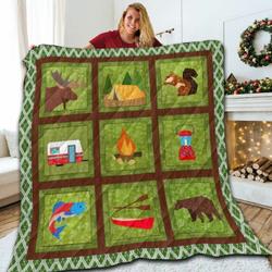 Green Camping Square Pattern 3D Customized Quilt and Home Decor