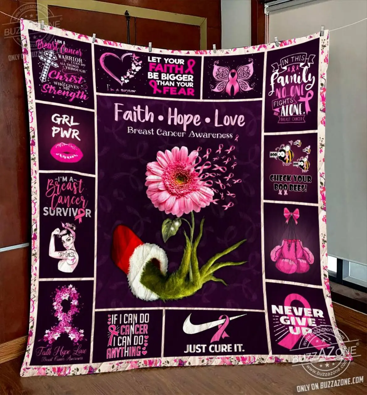 Grinch Hand Holding Breast Cancer Flower Quilt Cc and Home Decor
