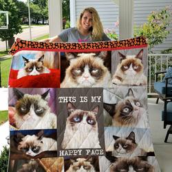 Grumpy Cat This Is My Happy Face Quilt Blanket Great Customized Gifts For Birthday Christmas Thanksgiving Perfect Gifts For Cat Lover and Home Decor