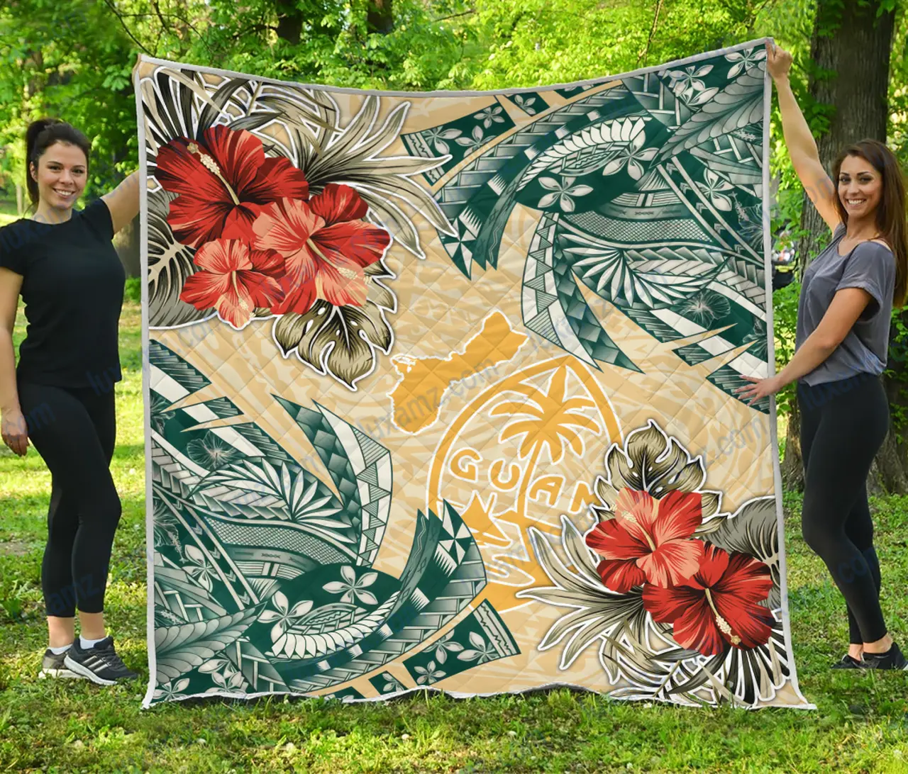 Guam Polynesian Hibiscus Flowers Beige Quilt and Home Decor